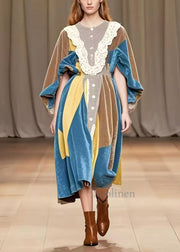 Elegant Colorblock Oversized Patchwork Silk Velvet Dress Batwing Sleeve