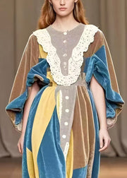 Elegant Colorblock Oversized Patchwork Silk Velvet Dress Batwing Sleeve