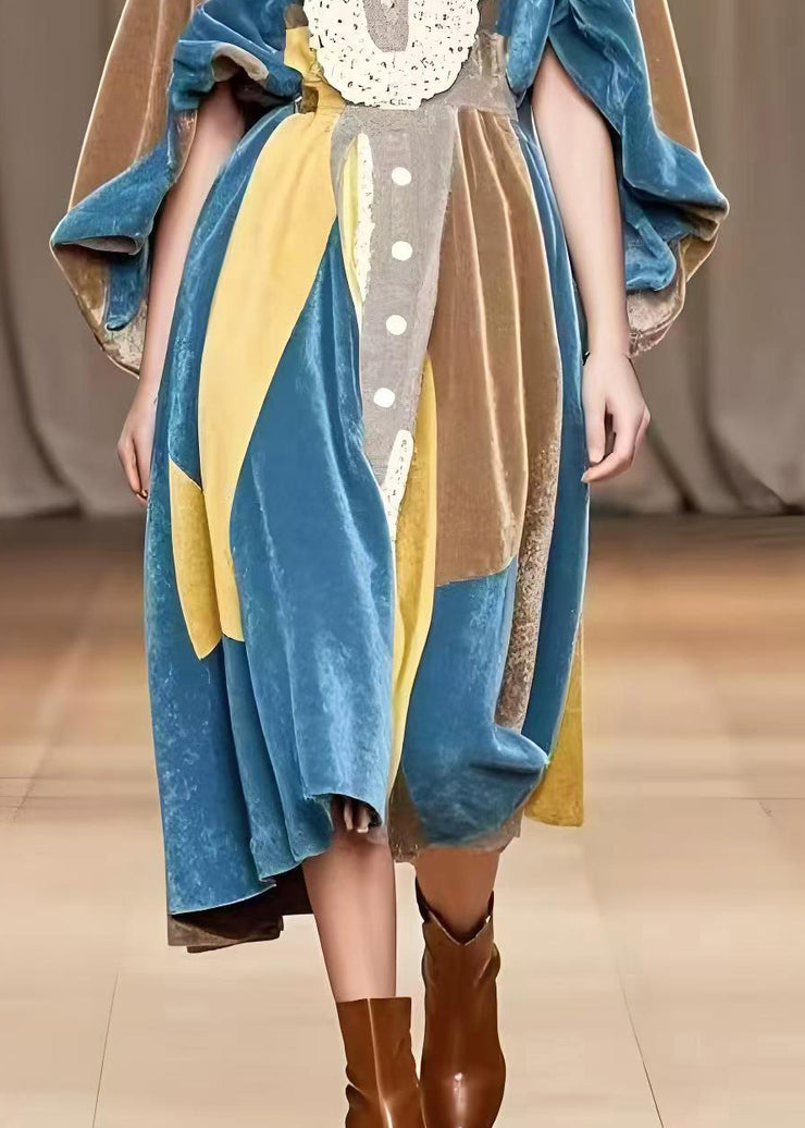 Elegant Colorblock Oversized Patchwork Silk Velvet Dress Batwing Sleeve