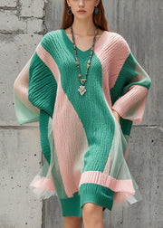 Elegant Colorblock Oversized Patchwork Tulle Knitted Dress Fall