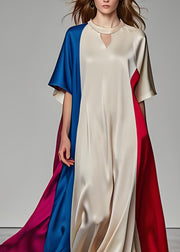 Elegant Colorblock Patchwork Loose Silk Dresses Summer