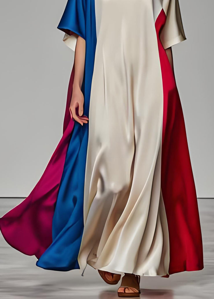 Elegant Colorblock Patchwork Loose Silk Dresses Summer
