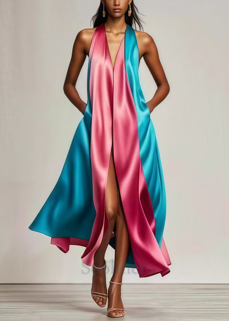 Elegant Colorblock Patchwork Side Open Silk Vestidos Dress Summer