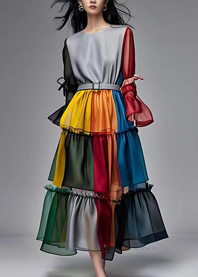 Elegant Colorblock Ruffled Patchwork Sashes Chiffon Maxi Dresses Fall