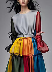 Elegant Colorblock Ruffled Patchwork Sashes Chiffon Maxi Dresses Fall