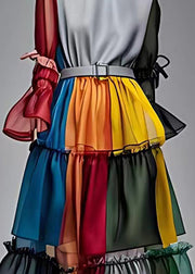 Elegant Colorblock Ruffled Patchwork Sashes Chiffon Maxi Dresses Fall