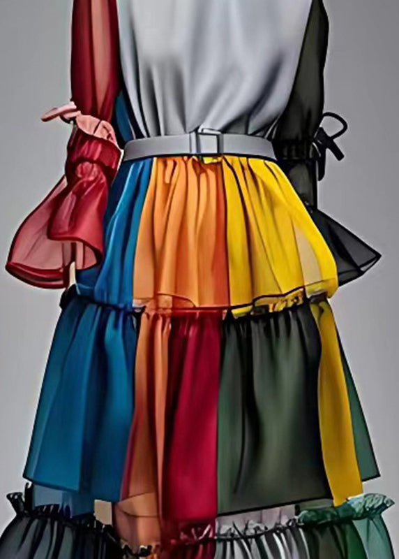 Elegant Colorblock Ruffled Patchwork Sashes Chiffon Maxi Dresses Fall