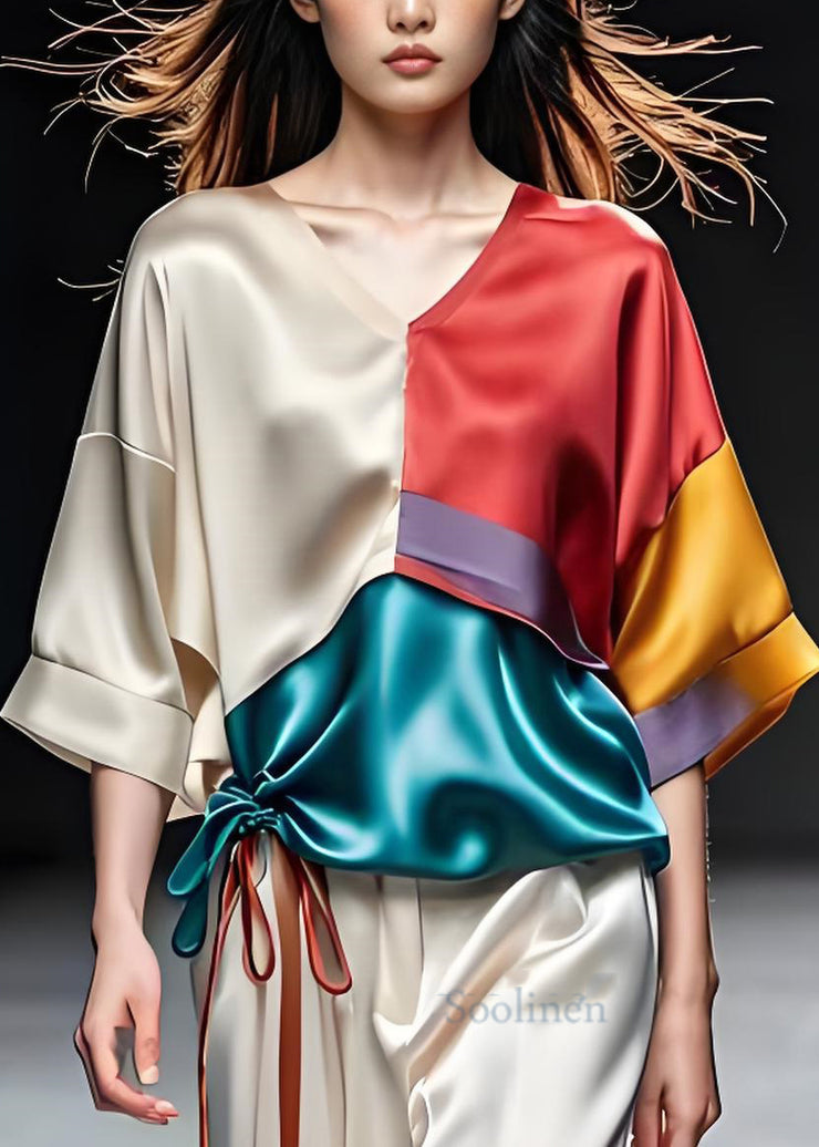 Elegant Colorblock V Neck Cinched Patchwork Silk Top Summer