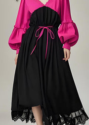 Elegant Colorblock V Neck Patchwork Cotton Dress Lantern Sleeve