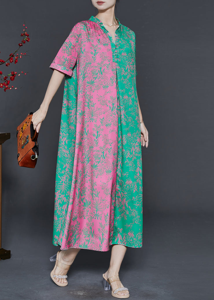 Elegant Colorblock V Neck Patchwork Print Silk Party Dress Summer