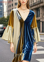 Elegant Colorblock V Neck Patchwork Silk Velvet Mid Dresses Spring