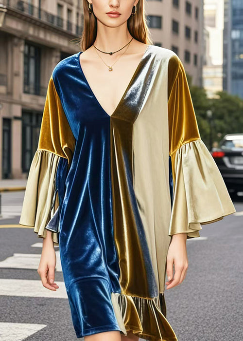 Elegant Colorblock V Neck Patchwork Silk Velvet Mid Dresses Spring