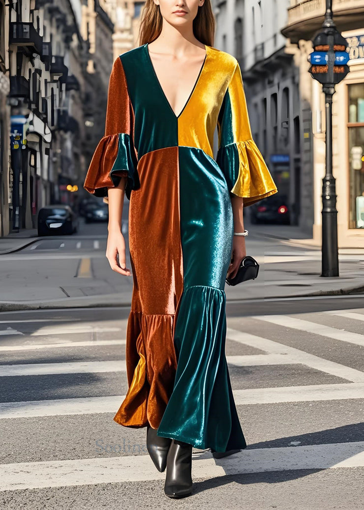 Elegant Colorblock V Neck Patchwork Velvet Long Dresses Butterfly Sleeve