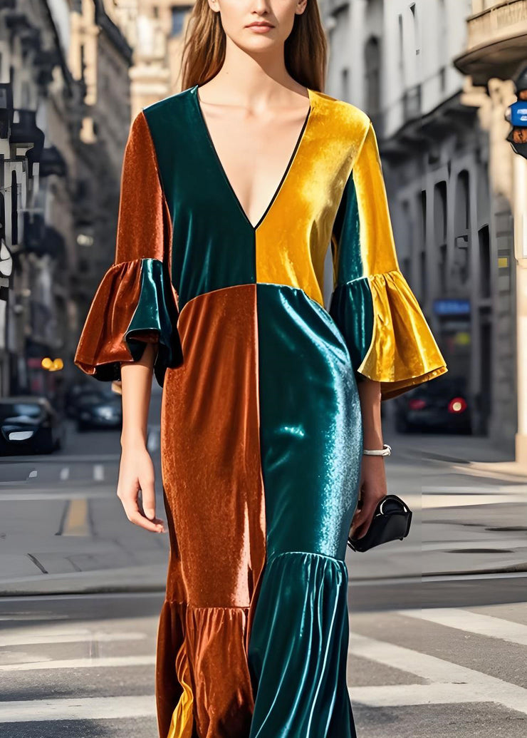 Elegant Colorblock V Neck Patchwork Velvet Long Dresses Butterfly Sleeve