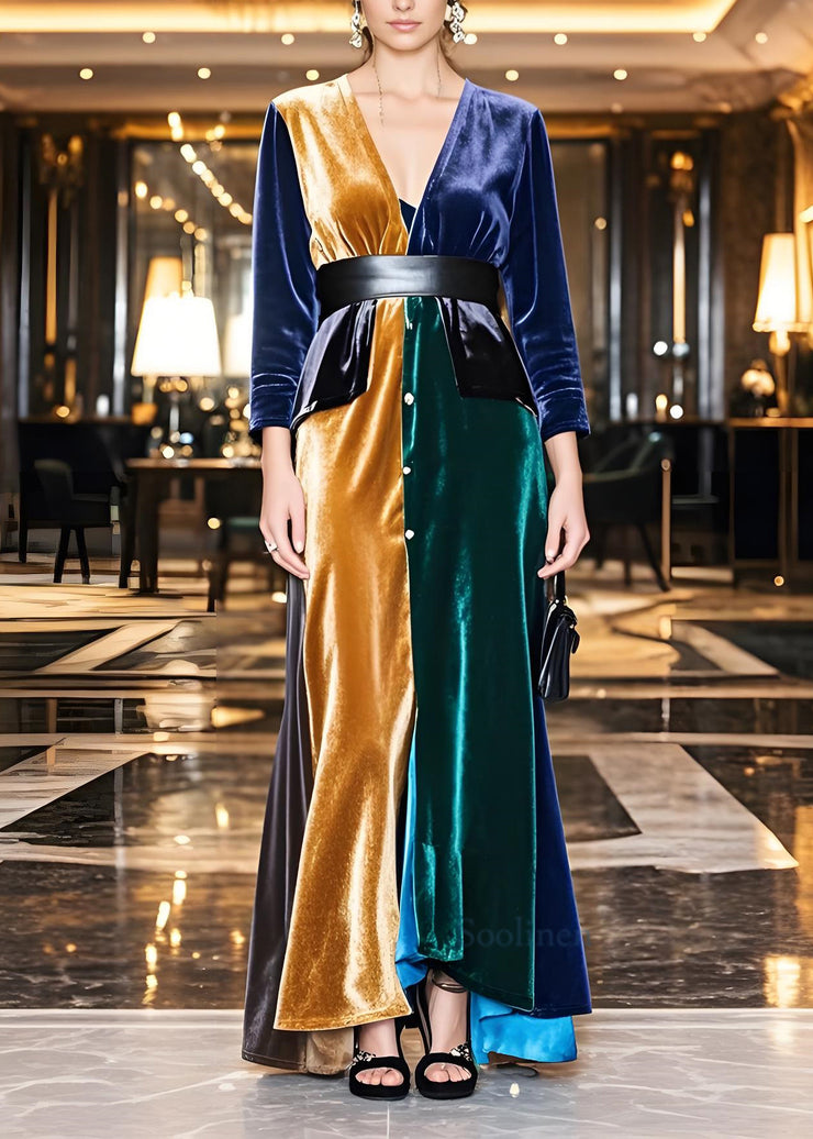 Elegant Colorblock V Neck Sashes Patchwork Velvet Dress Fall