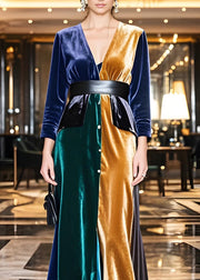 Elegant Colorblock V Neck Sashes Patchwork Velvet Dress Fall