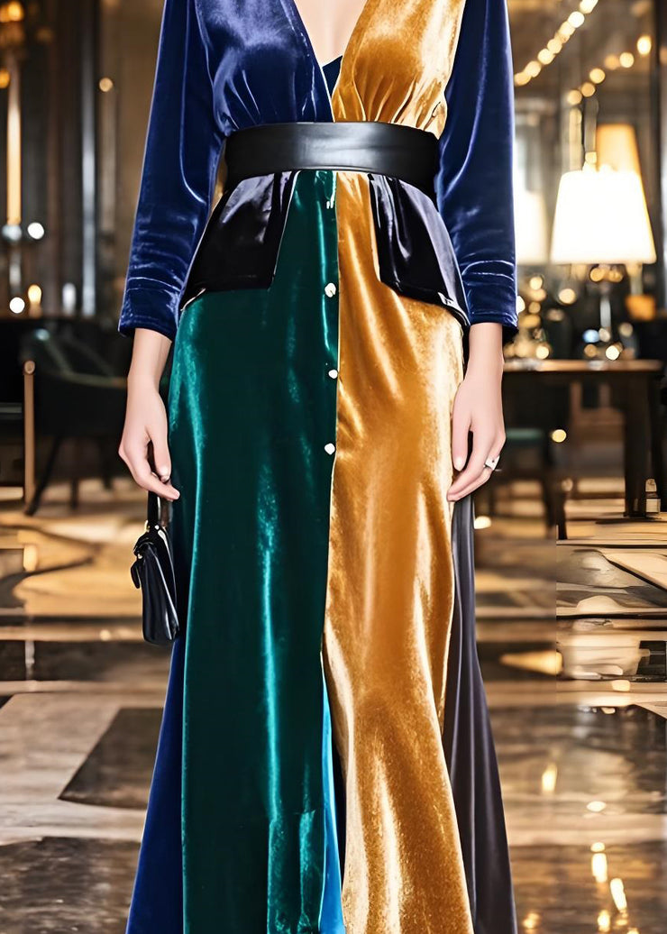 Elegant Colorblock V Neck Sashes Patchwork Velvet Dress Fall