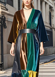 Elegant Colorblock V Neck Sashes Velvet Dress Long Sleeve