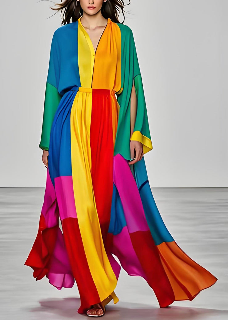 Elegant Colorblock V Neck Silk Dress Long Sleeve