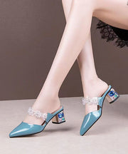 Elegant Crystal Flower Splicing Chunky Blue Cowhide Leather