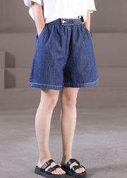 Elegant Dark Blue Elastic Waist Pockets Cotton Hot Pants Shorts Summer