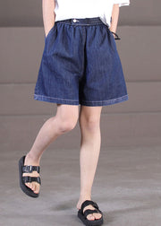 Elegant Dark Blue Elastic Waist Pockets Cotton Hot Pants Shorts Summer