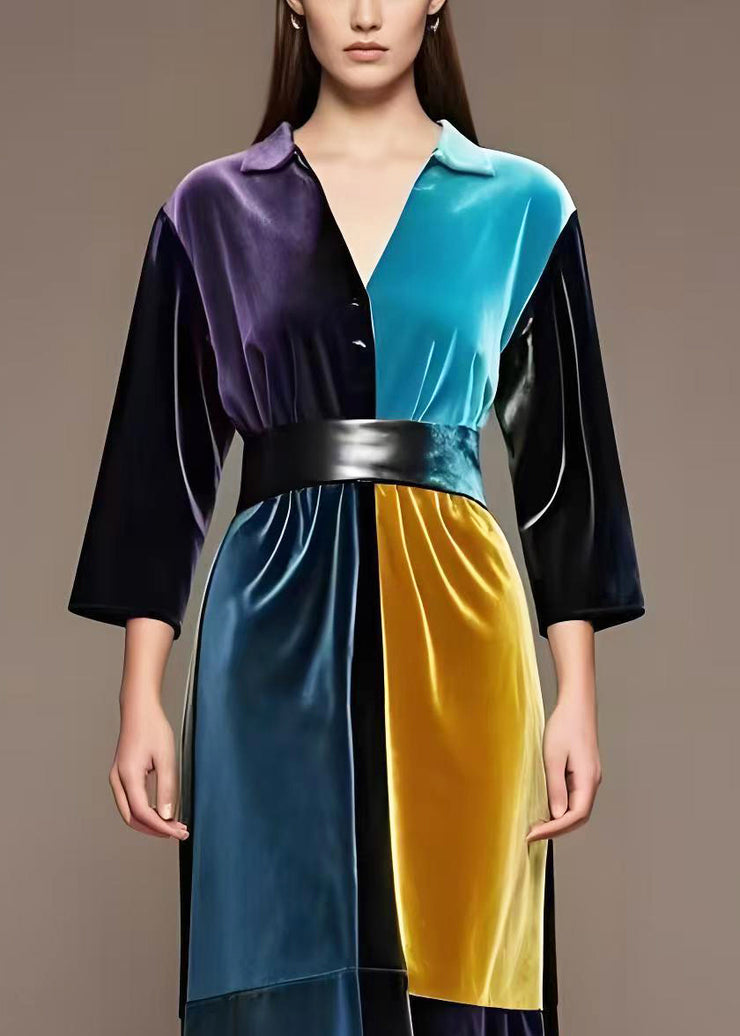 Elegant Dark Cinched Patchwork Silk Velour Dress Spring