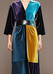 Elegant Dark Cinched Patchwork Silk Velour Dress Spring