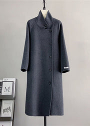 Elegant Dark Grey Stand Collar Tie Waist Woolen Coat Winter