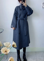 Elegant Dark Grey Stand Collar Tie Waist Woolen Coat Winter