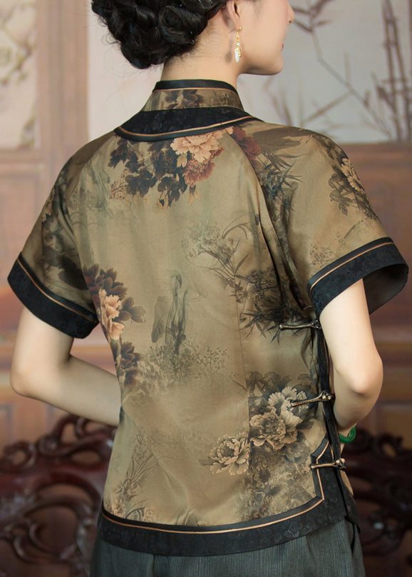 Elegant Dark Khaki Button Print Patchwork Silk Shirts Summer