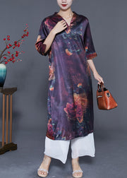 Elegant Dark Purple V Neck Print Silk Long Dress Summer