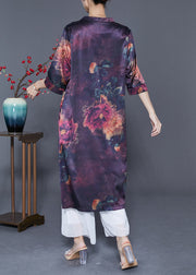 Elegant Dark Purple V Neck Print Silk Long Dress Summer