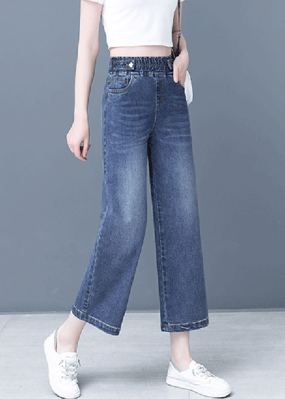 Elegant Denim Blue Patchwork Elastic Waist Crop Wide Leg Pants