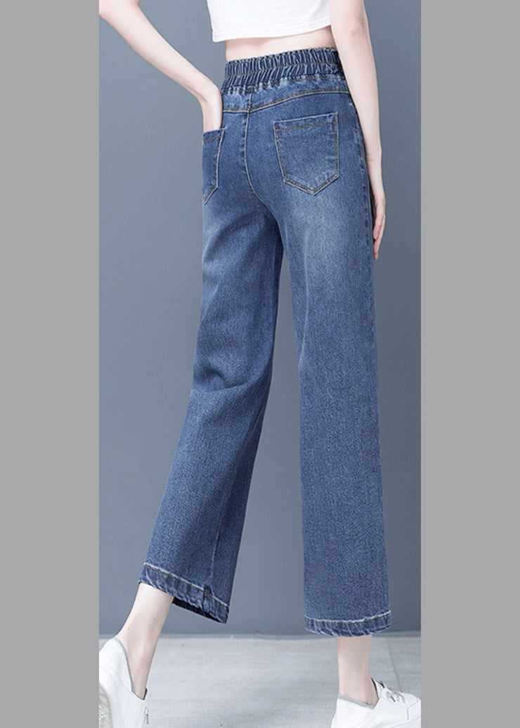 Elegant Denim Blue Patchwork Elastic Waist Crop Wide Leg Pants