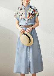 Elegant Denim Blue Peter Pan Collar Patchwork Print Cinched Dresses Summer