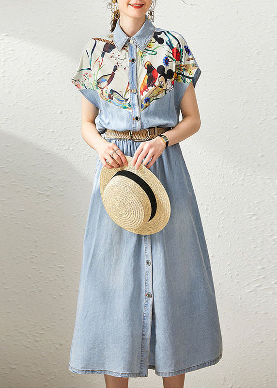 Elegant Denim Blue Peter Pan Collar Patchwork Print Cinched Dresses Summer