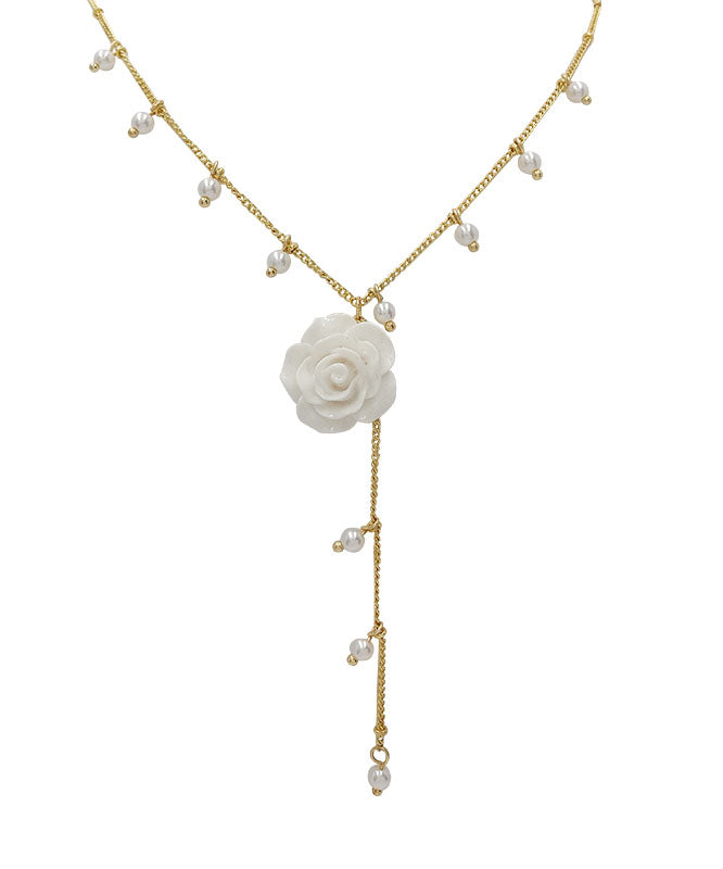 Elegant Gold Alloy Pearl Floral Tassel Lariat Necklace