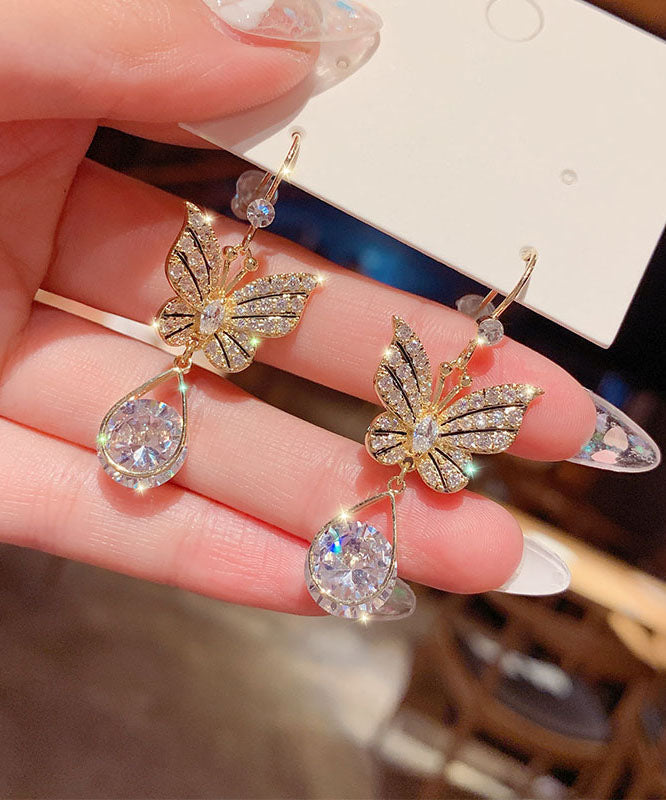 Elegant Gold Alloy Zircon Crystal Butterfly Water Drop Drop Earrings