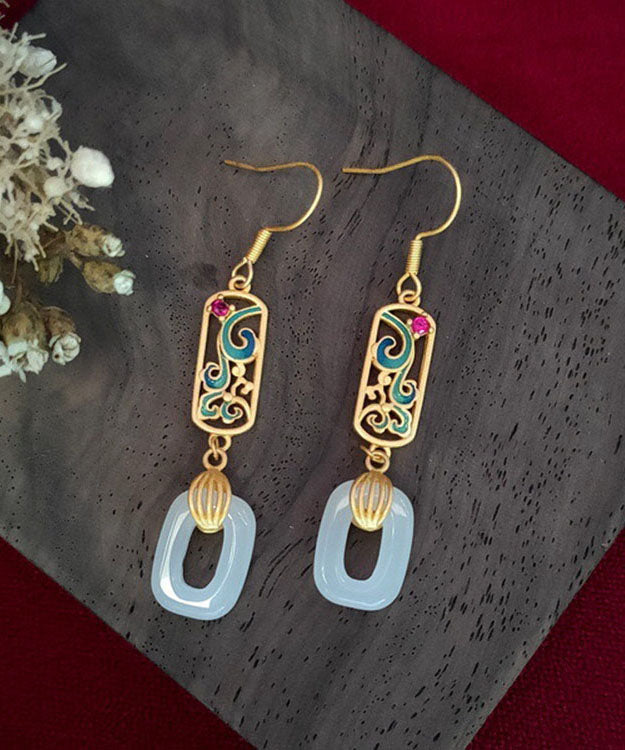 Elegant Gold Ancient Gold Jade Enamel Ping Buckle Drop Earrings