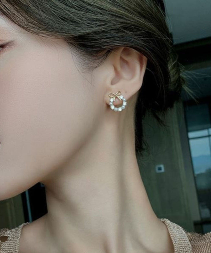 Elegant Gold Copper Alloy Zircon Pearl Bow Hoop Earrings