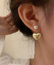 Elegant Gold Metal Alloy Dull Polish Love Pearl Stud Earrings