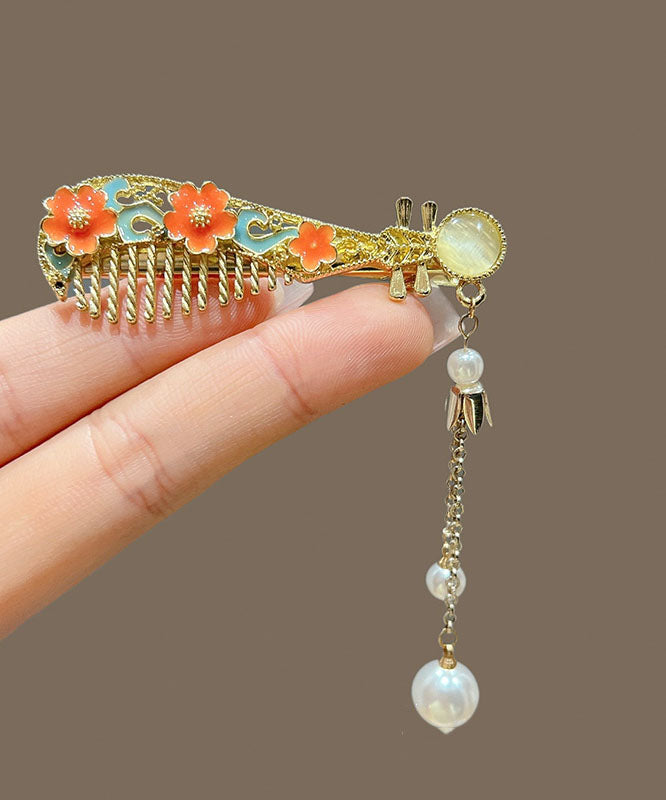 Elegant Gold Metal Pearl Floral Tassel Lute Hairpin