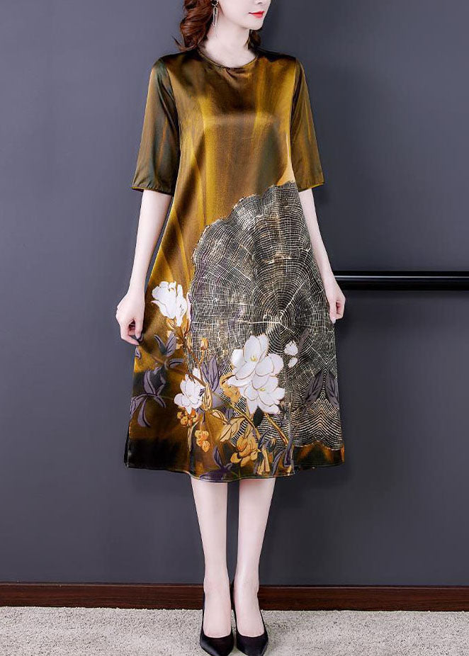 Elegant Gold O Neck Print Patchwork Silk Dress Summer