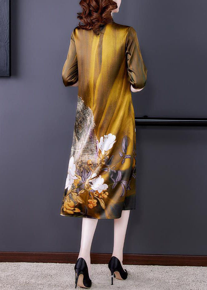 Elegant Gold O Neck Print Patchwork Silk Dress Summer