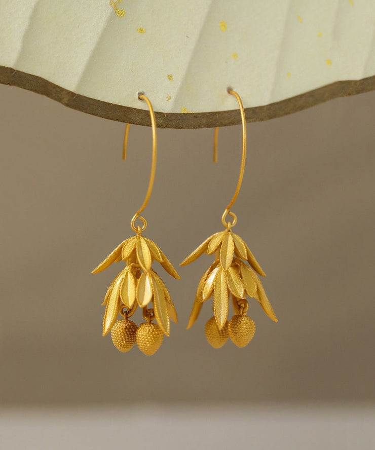 Elegant Gold Sterling Silver Ancient Gold Litchi Drop Earrings