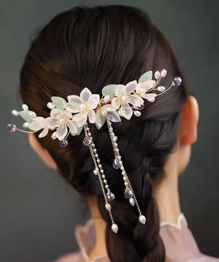 Elegant Gold Sterling Silver Overgild Pearl Floral Tassel Hairpin