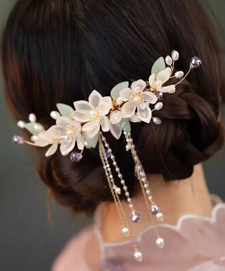 Elegant Gold Sterling Silver Overgild Pearl Floral Tassel Hairpin