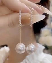 Elegant Gold Sterling Silver Overgild Zircon Pearl Tassel Drop Earrings