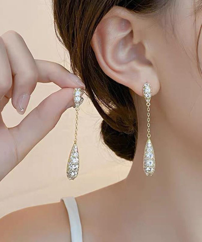 Elegant Gold Sterling Silver Zircon Tassel Water Drop Drop Earrings